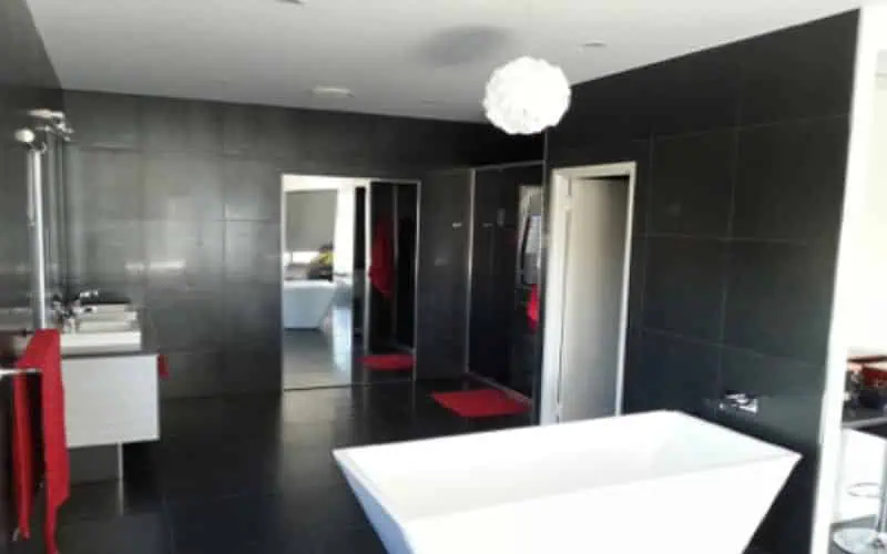 new bathroom dark tiles